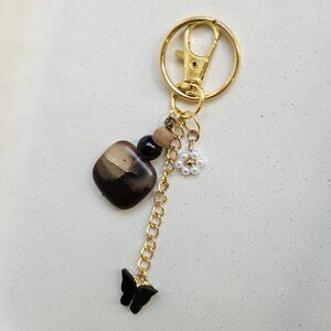 Brown Stone Beaded Keychain with Pearl Flower and Black Butterfly Charms
